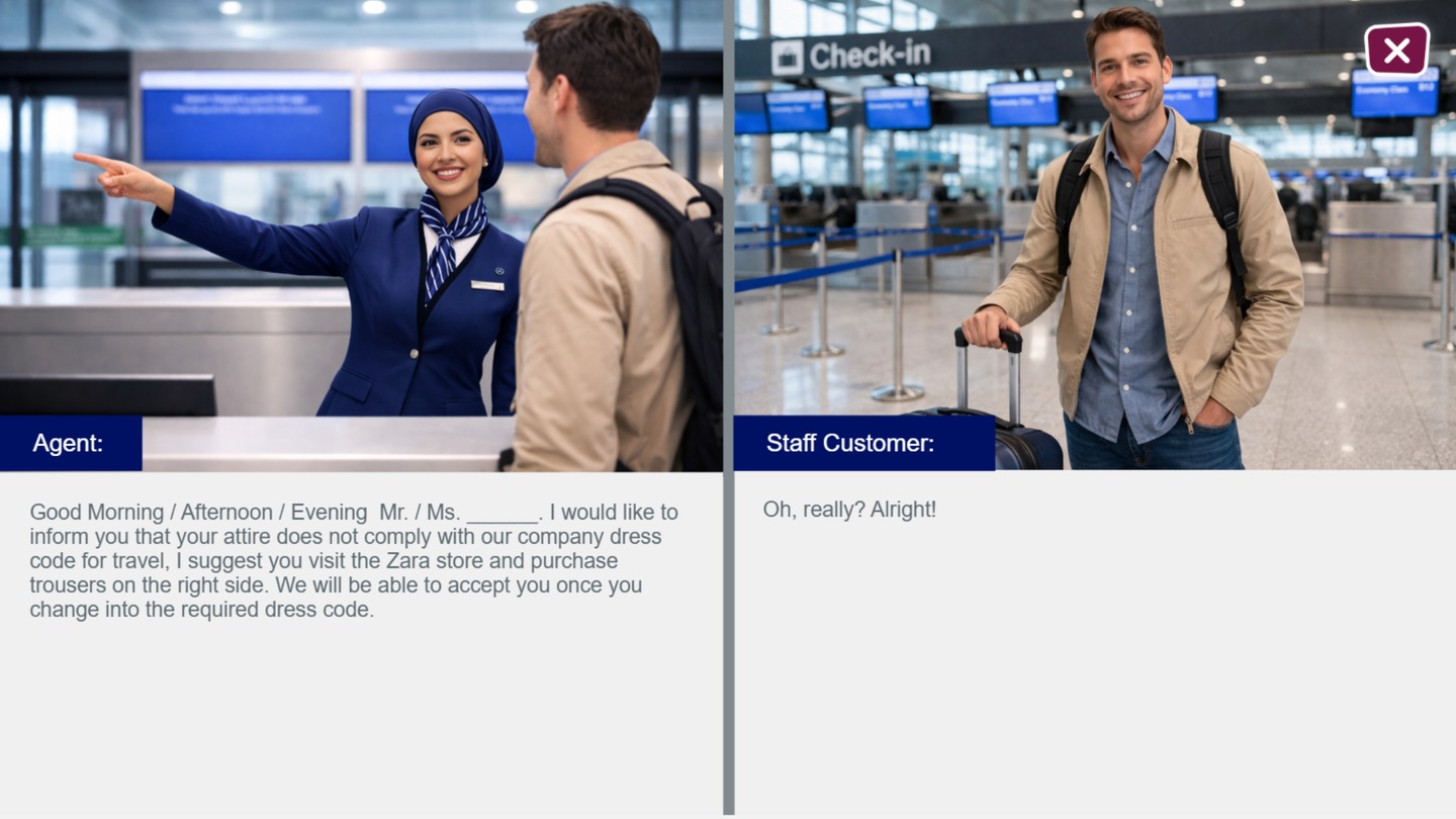 Staff customer dress code scenario eLearning sample